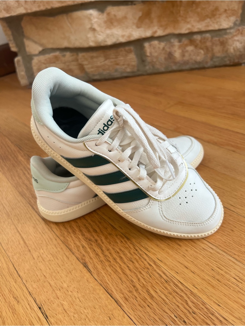 Adidas Women’s White Sneakers with Green Stripes with Gold Accent